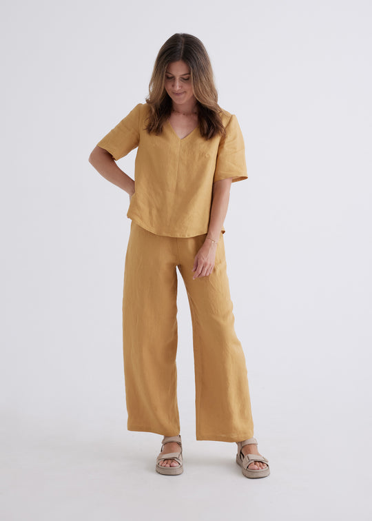 Carly Linen Top in Ochre