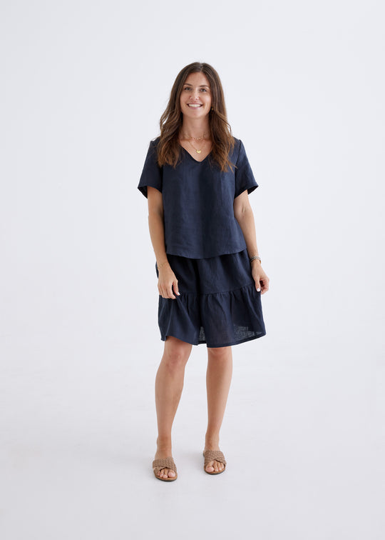 Carly Linen Top in Navy