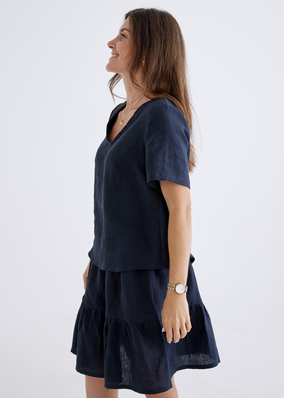 Carly Linen Top in Navy