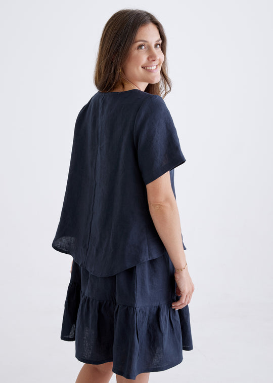 Carly Linen Top in Navy