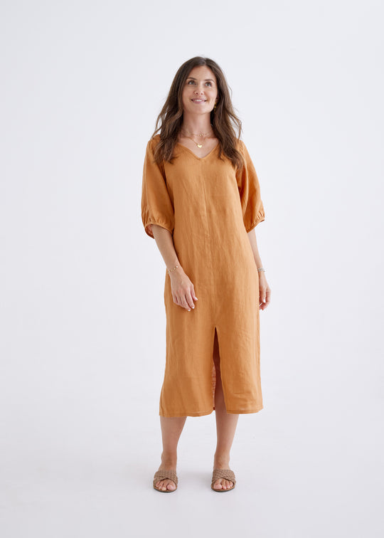 Elena Linen Dress in Ginger