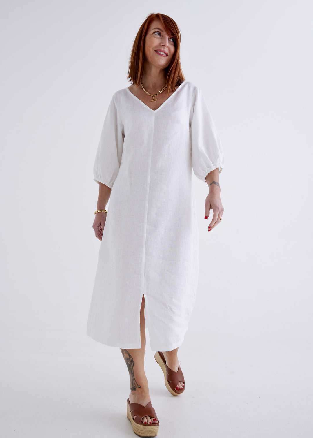 Elena Linen Dress in White