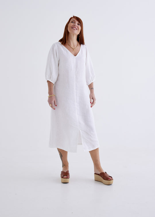 Elena Linen Dress in White