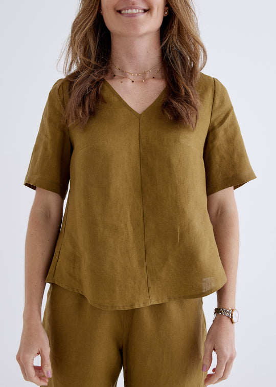 Carly Linen Top in Deep Jungle