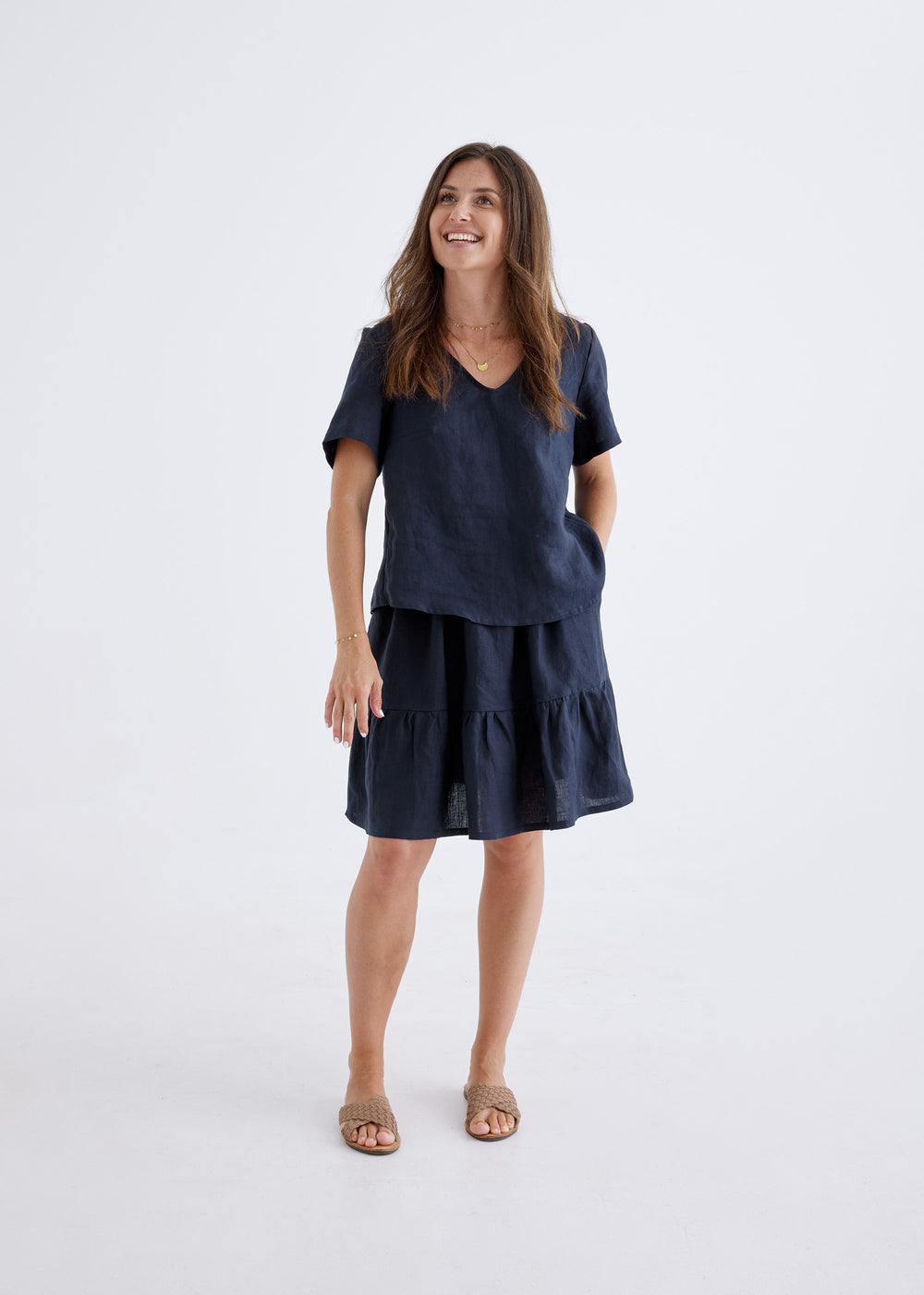 Carly Linen Top in Navy