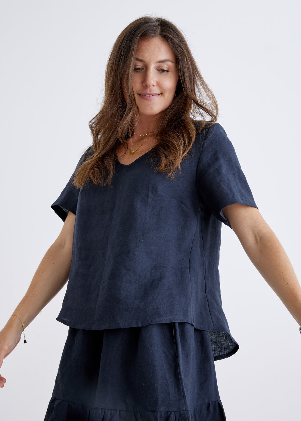 Carly Linen Top in Navy