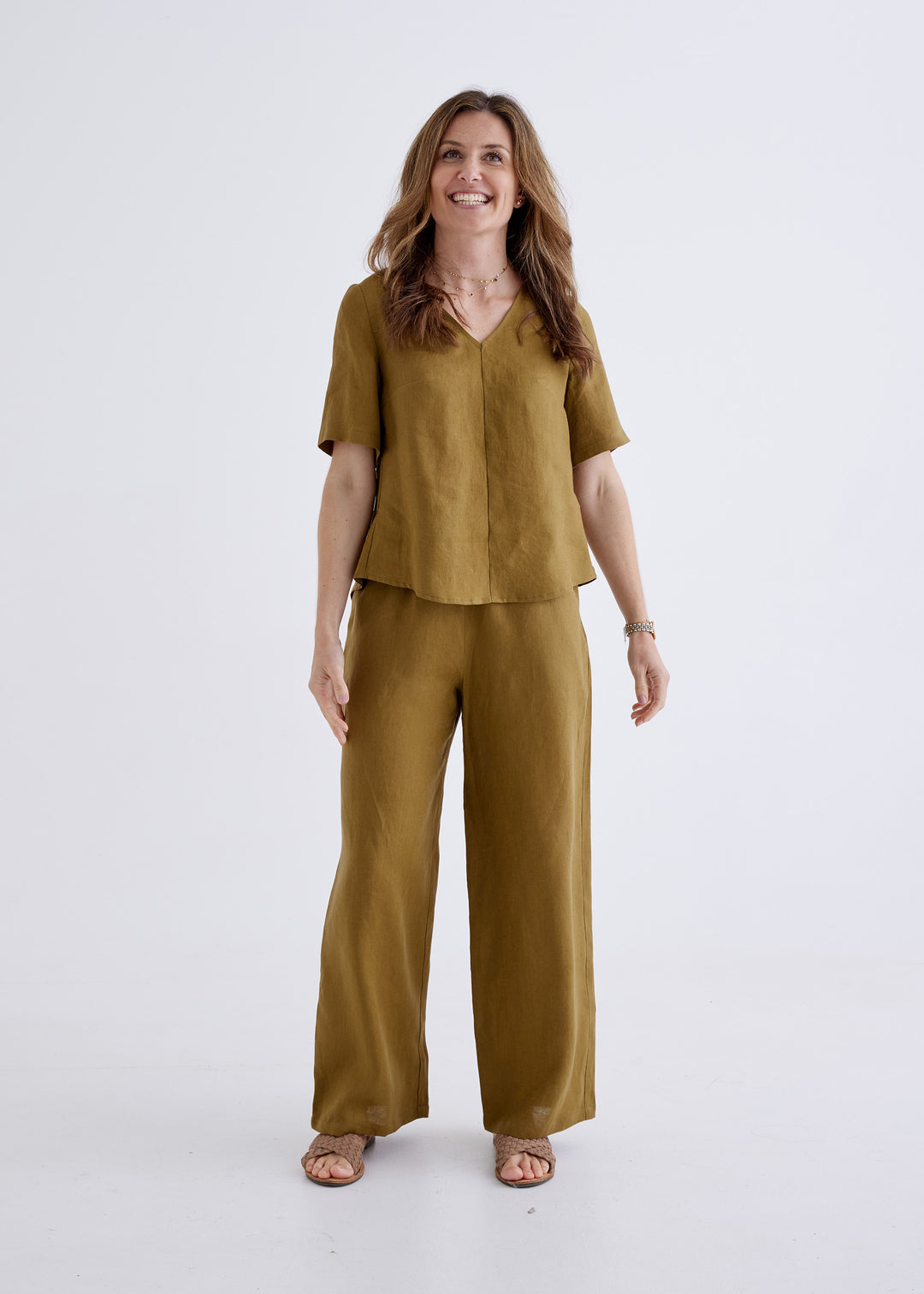 Carly Linen Top in Deep Jungle