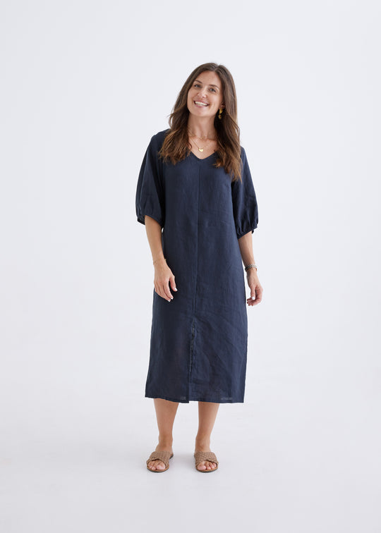 Elena Linen Dress in Navy