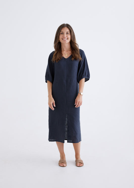 Elena Linen Dress in Navy