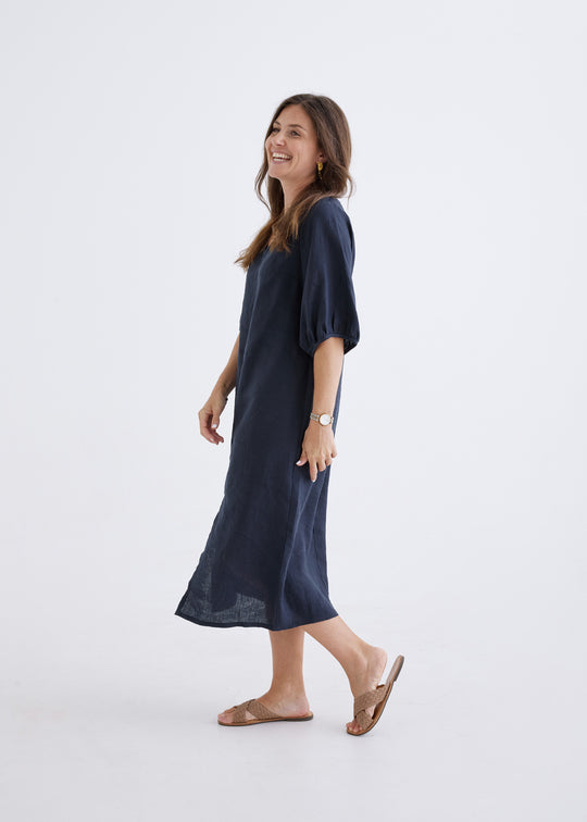 Elena Linen Dress in Navy