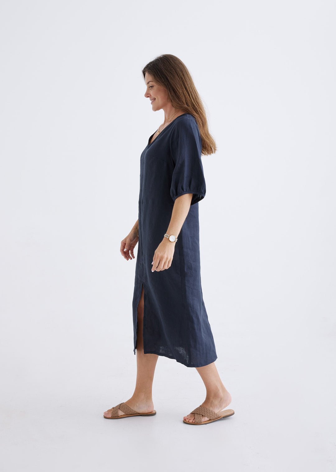 Elena Linen Dress in Navy