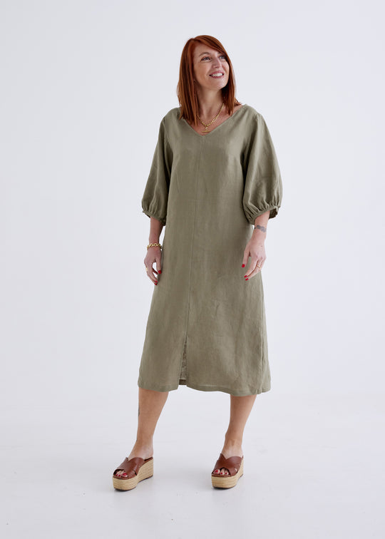 Elena Linen Dress in Khaki