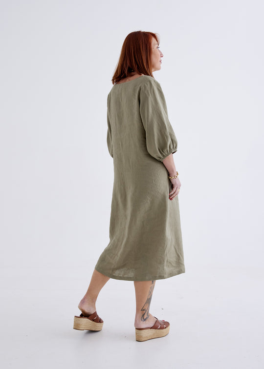 Elena Linen Dress in Khaki