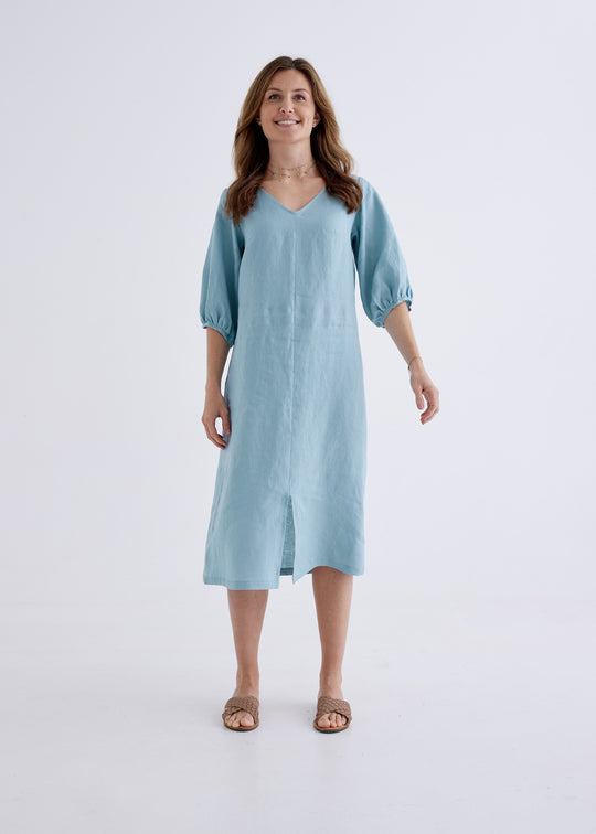 Elena Linen Dress in Spring Blue