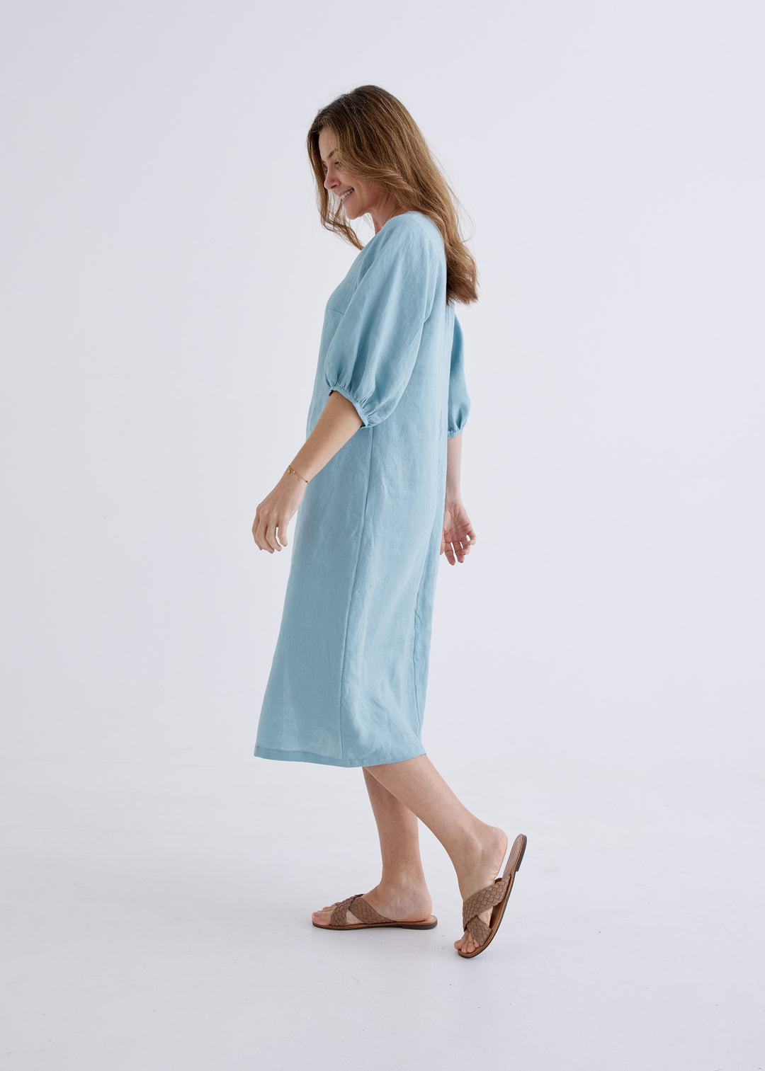 Elena Linen Dress in Spring Blue