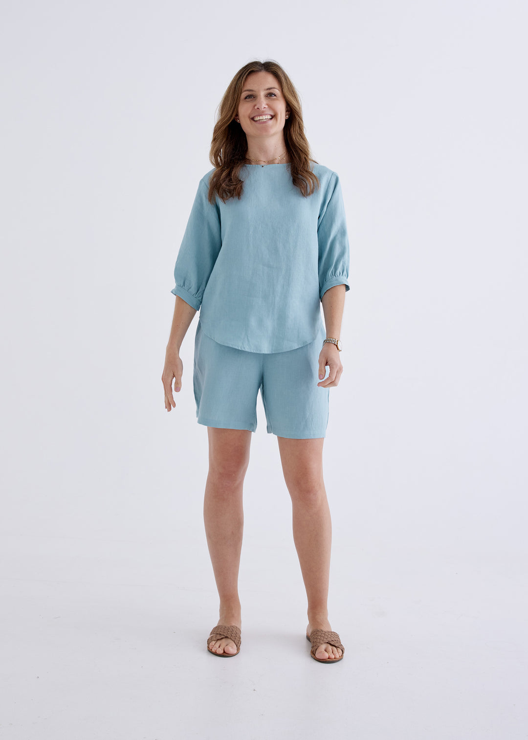 Laura Linen Top in Spring Blue