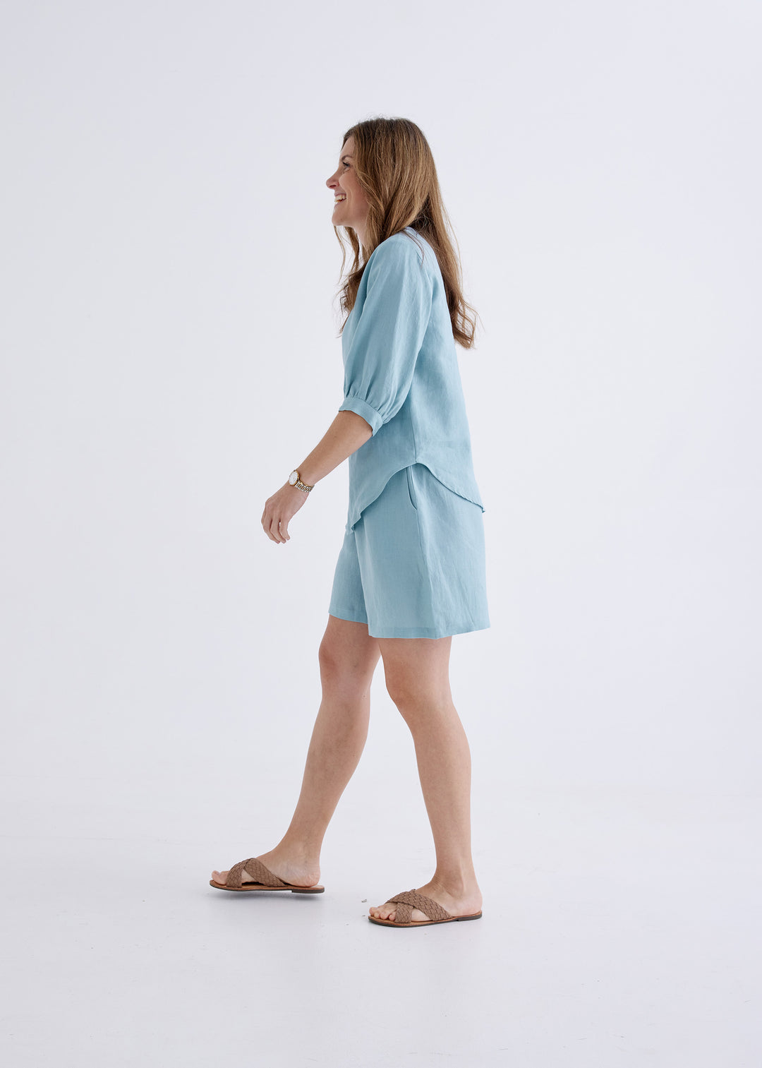 Laura Linen Top in Spring Blue