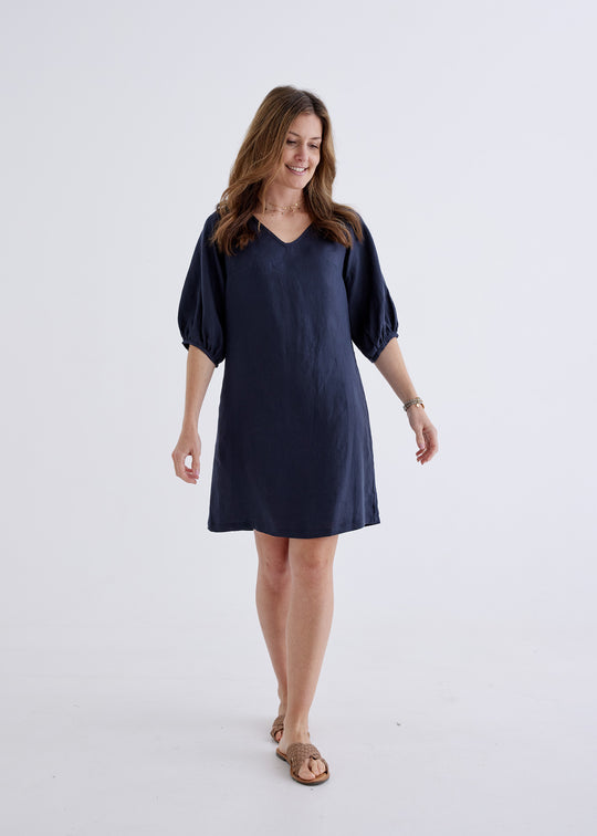 Lily Linen Dress in Navy