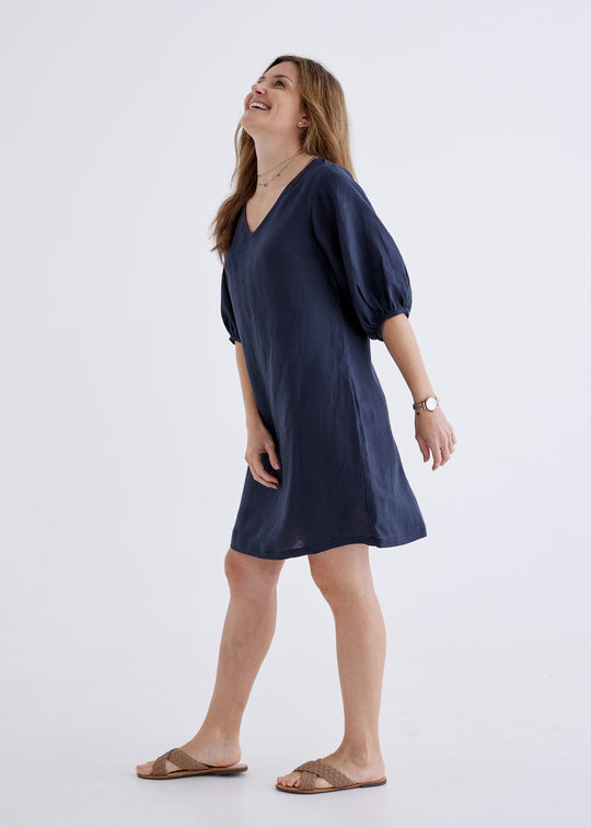 Lily Linen Dress in Navy