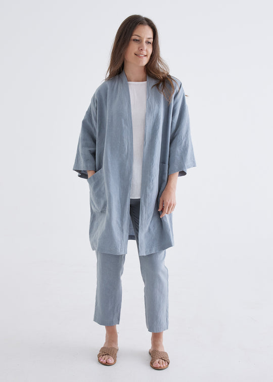 Linen Robe in Dove Blue